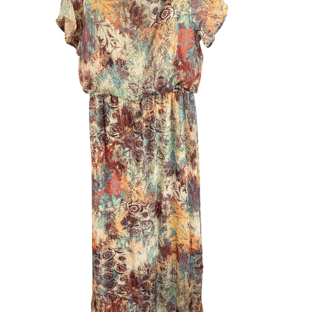 Nine West Cold Shoulder Maxi Dress | Abstract Floral Watercolor Print | Size 2 - Picture 6 of 12